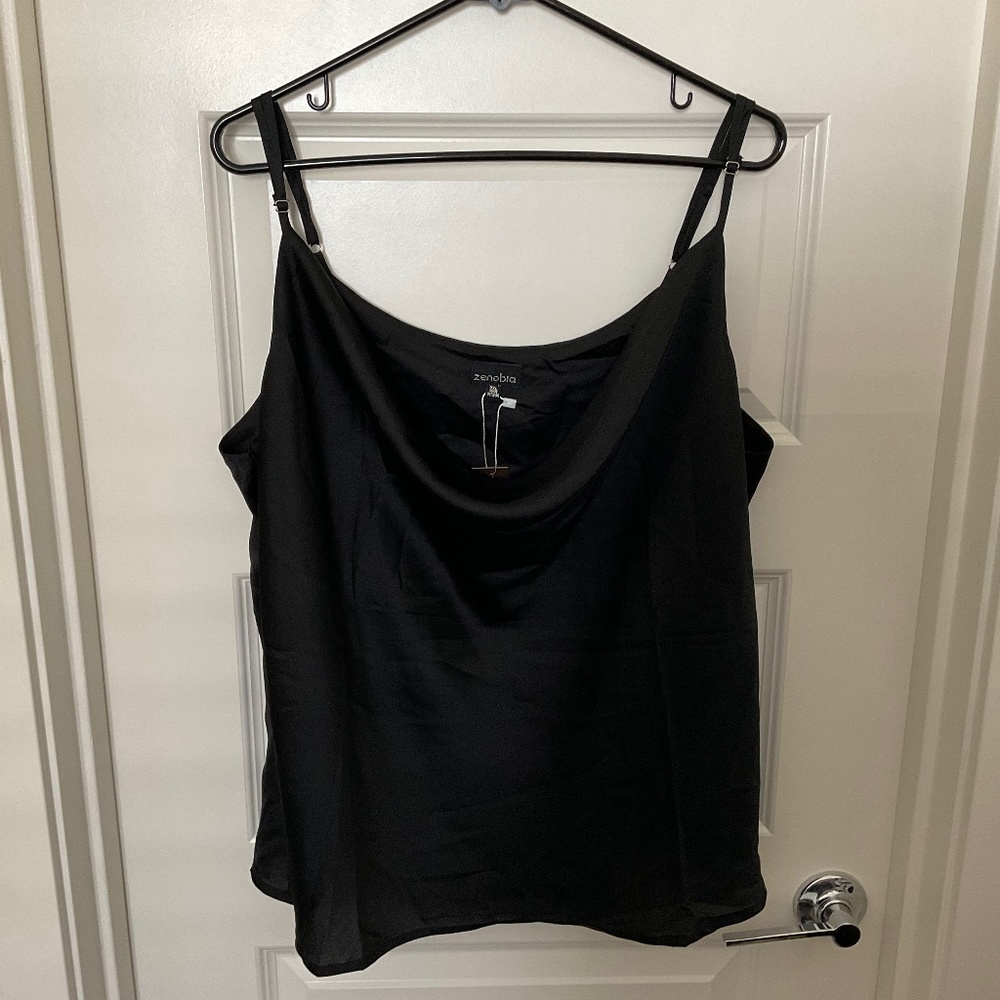 Zenobia Drape Neck‎ Satin Camisole - Black - Size 3X